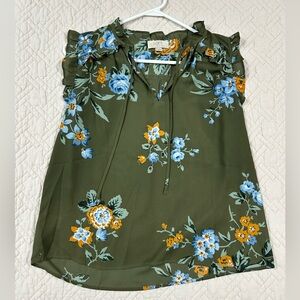 LOFT Olive Green Floral Ruffle Tie-Neck Top